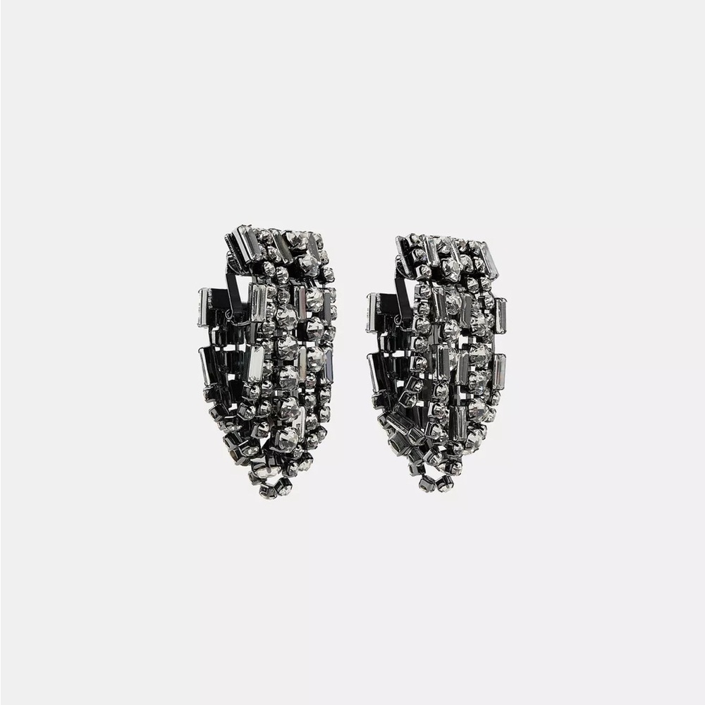Zara Jeweled Double Clip-Clutch Earrings Rhinestones on Black Metal  NWT NIB